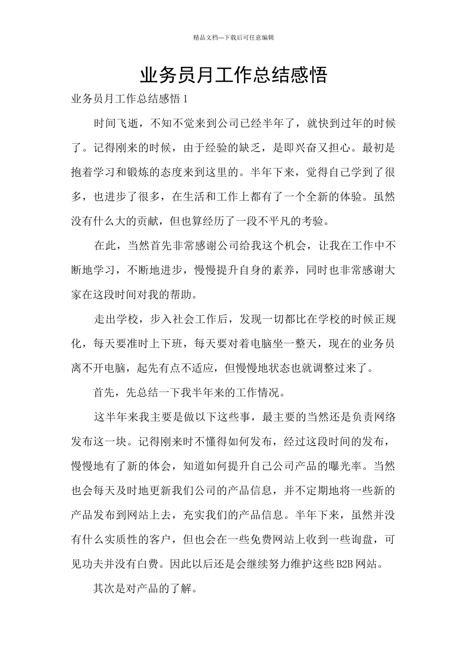 业务员月工作总结感悟_第1页