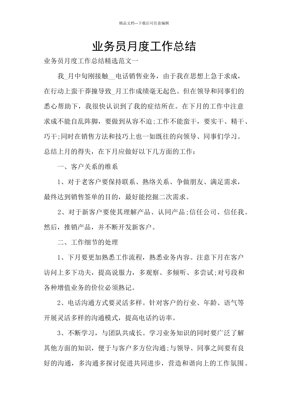 业务员月度工作总结_第1页