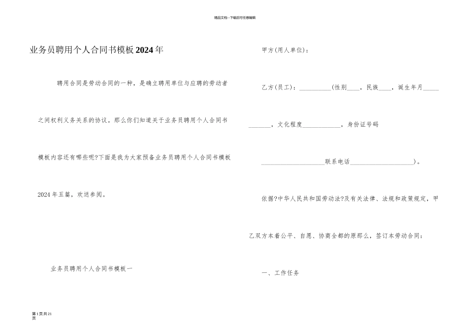 业务员聘用个人合同书模板2024年_第1页