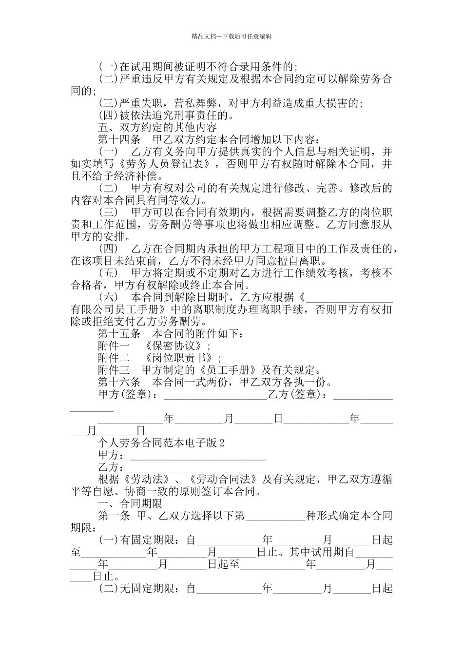 个人劳务合同范本电子版_第2页