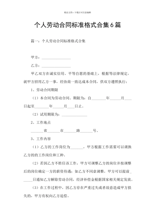 个人劳动合同标准格式合集6篇