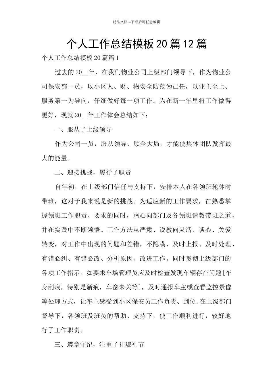 个人工作总结模板20篇12篇_第1页