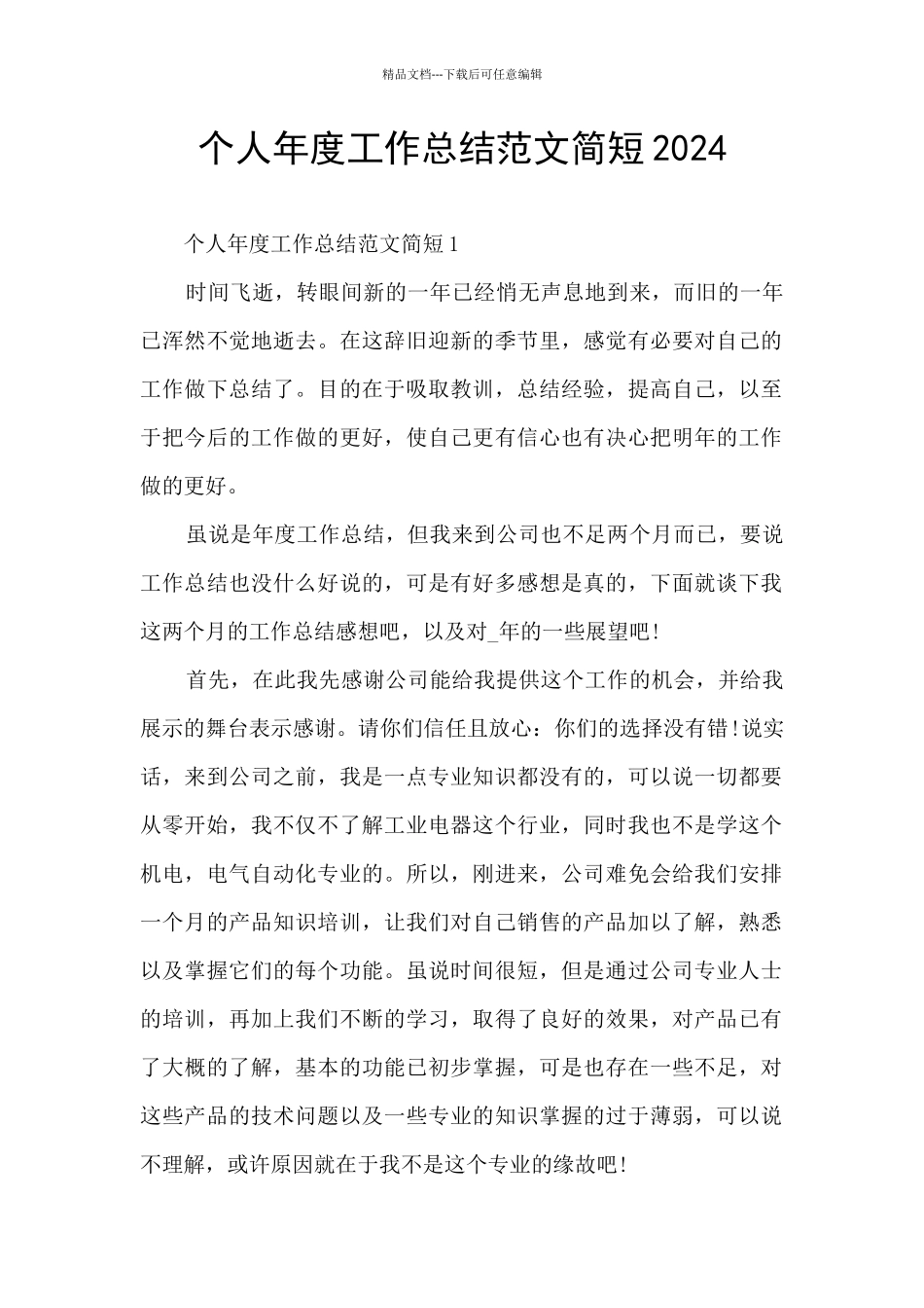 个人年度工作总结范文简短2024_第1页