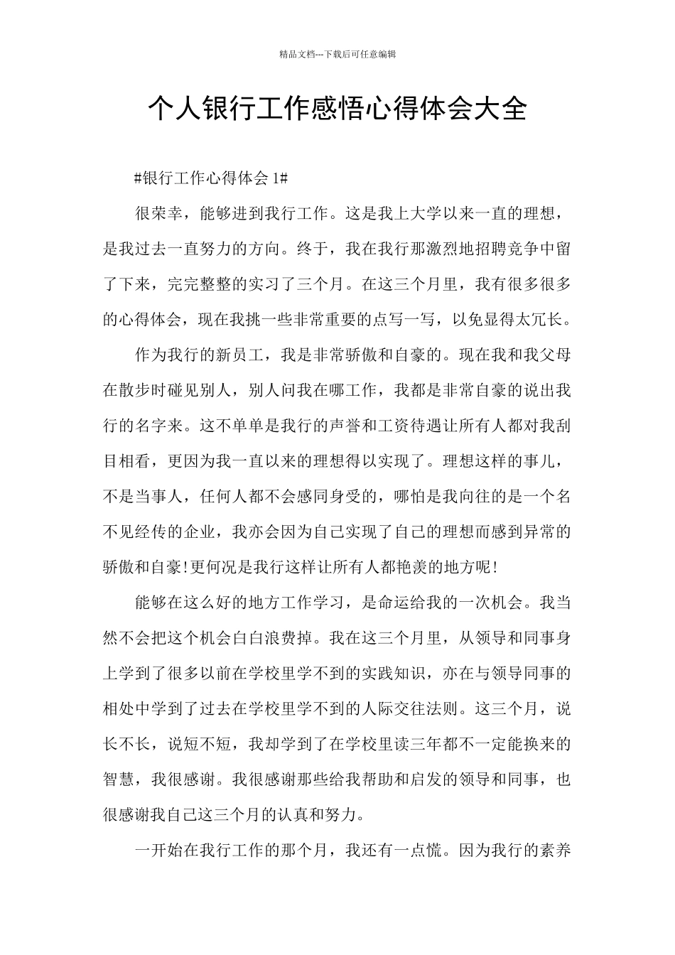 个人银行工作感悟心得体会大全_第1页