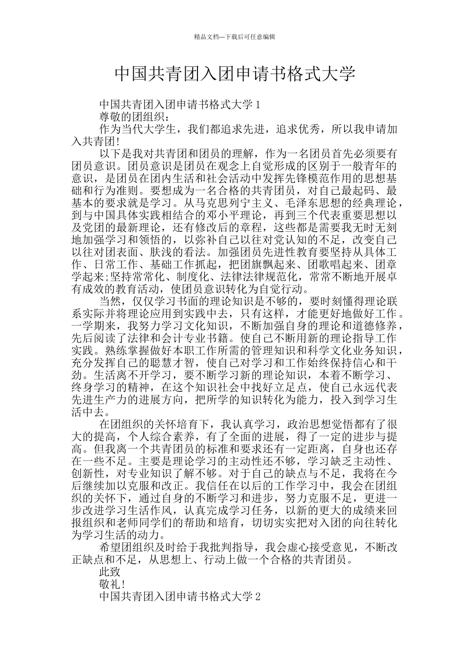中国共青团入团申请书格式大学_第1页