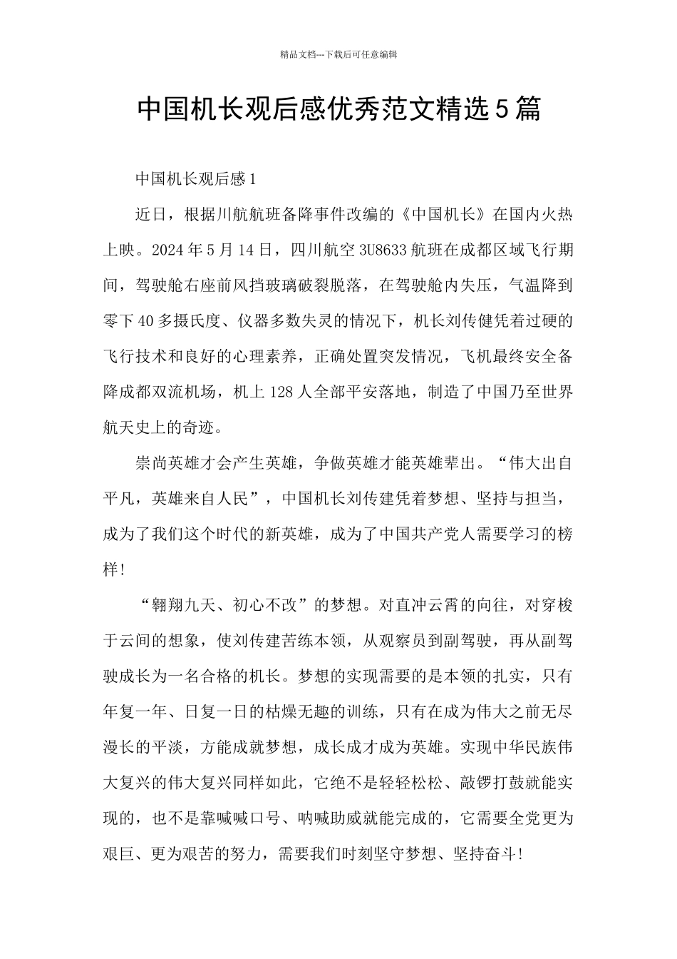 中国机长观后感优秀范文精选5篇_第1页