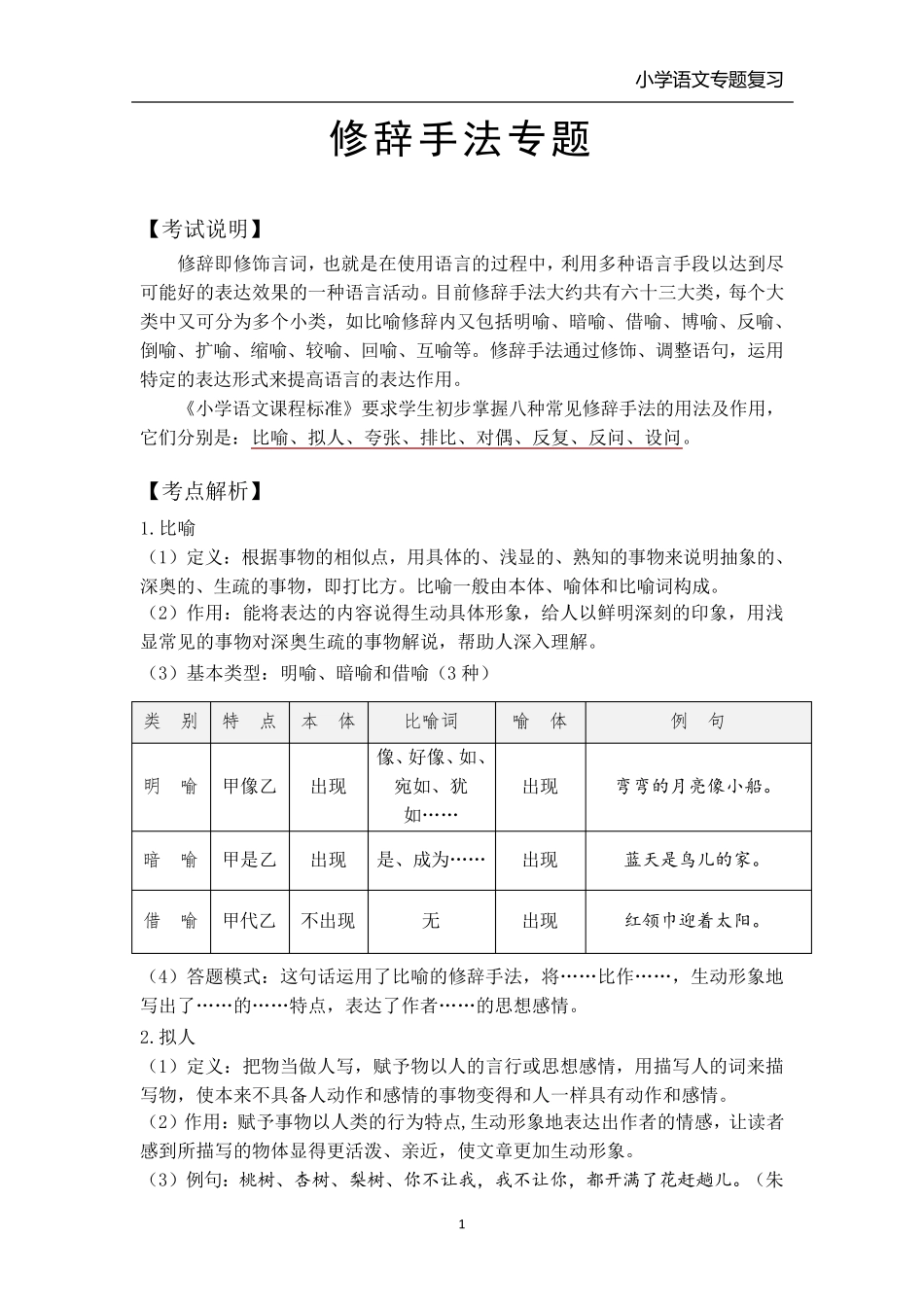 小学语文修辞手法专题复习(各类教材通用)_第1页
