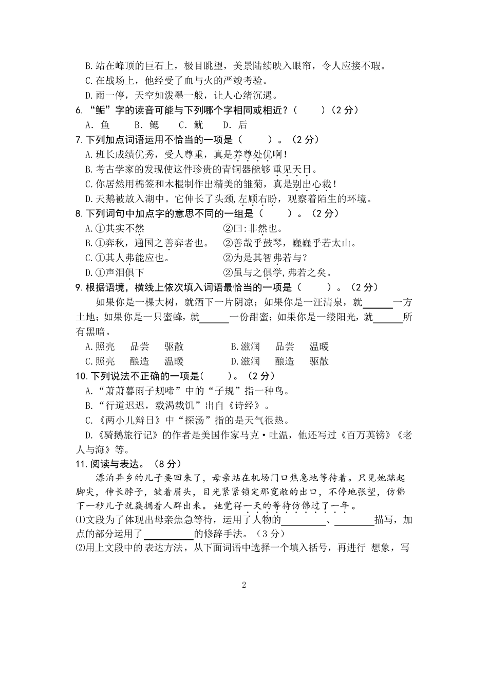 小学语文小升初试卷_第2页