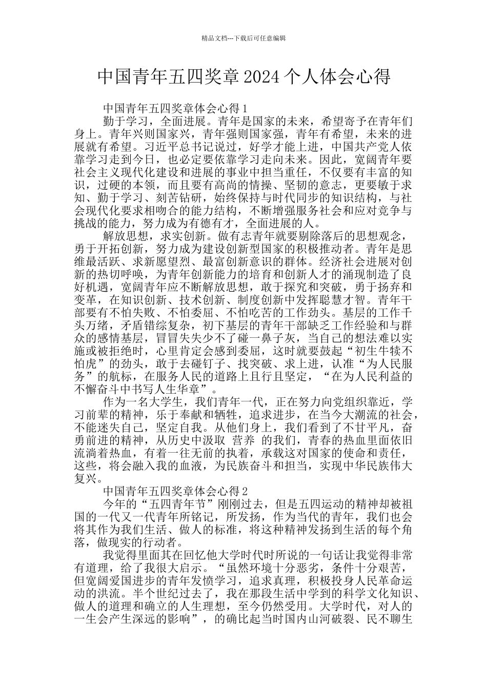 中国青年五四奖章2024个人体会心得_第1页