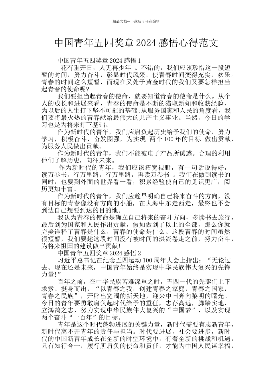 中国青年五四奖章2024感悟心得范文_第1页