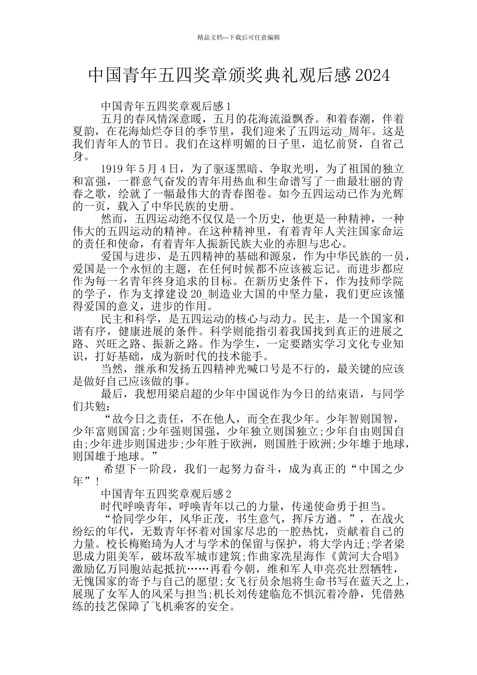 中国青年五四奖章颁奖典礼观后感2024_第1页