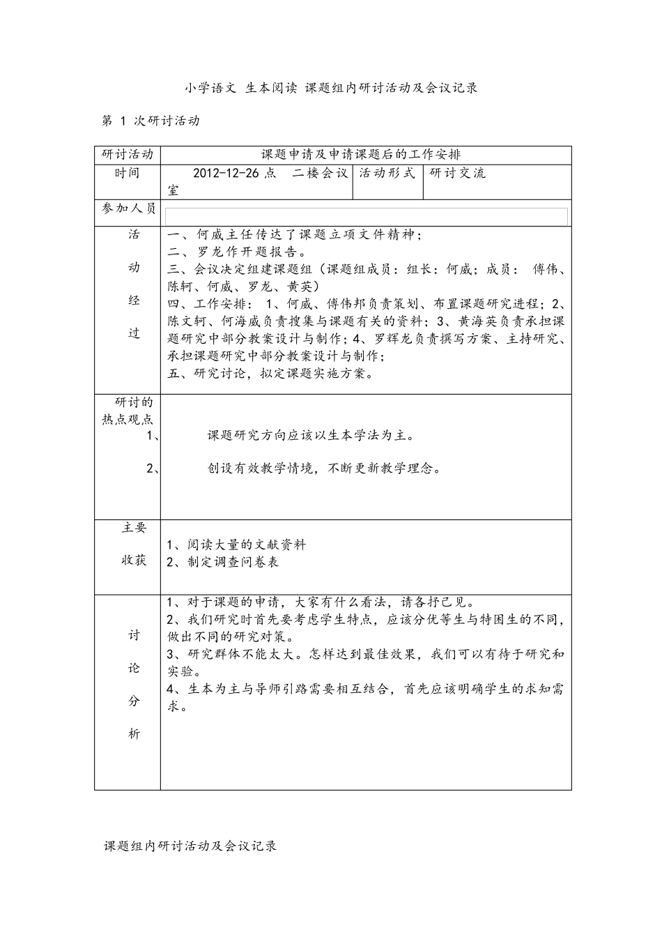 小学语文生本阅读课题组内研讨活动及会议记录_第1页