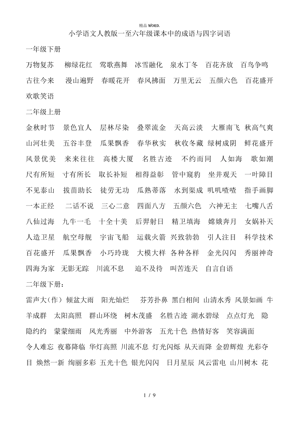 小学语文统编版一至六年级课本中的成语与四字词语.(优选)_第1页