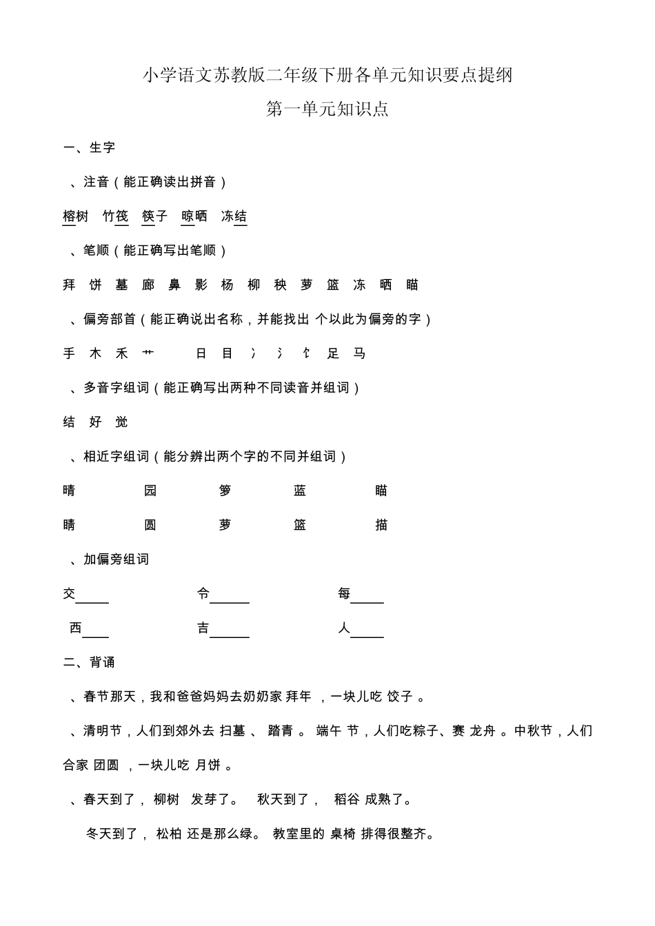 小学语文苏教版二年级下册单元知识点_第1页