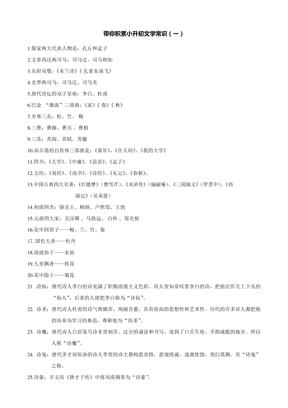小学语文：小升初文学常识积累汇总_第1页