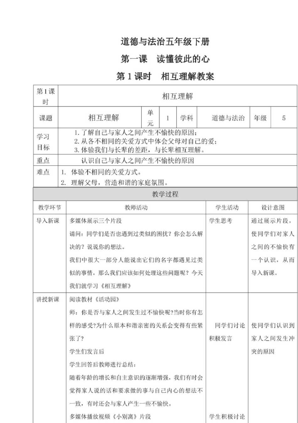 小学道德与法治五年级下册表格式教案_第1页