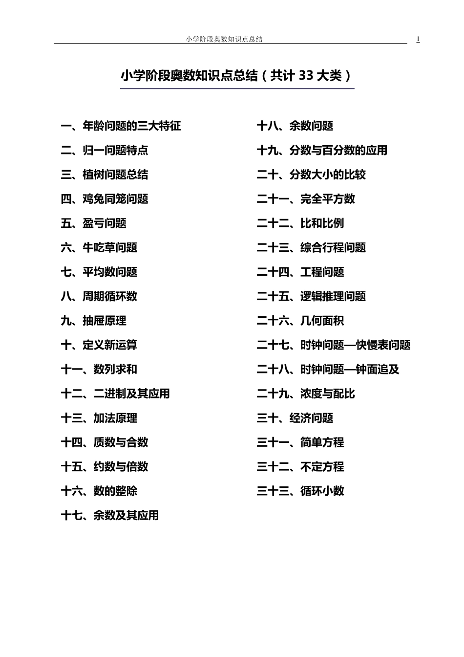 小学阶段奥数知识点总结(33大类)_第1页