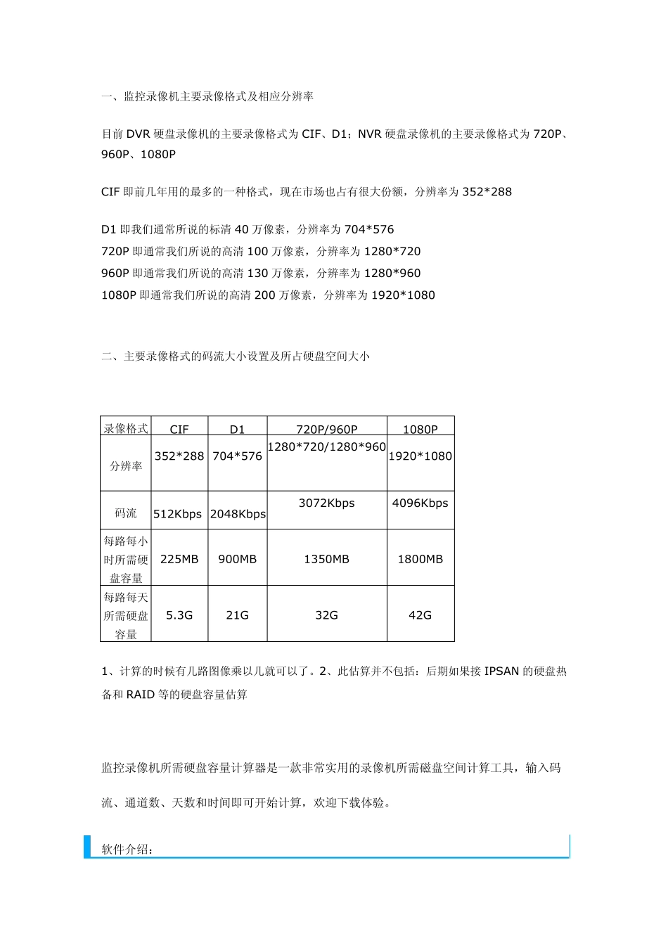 录像机CIF、D1、720P、960P、1080P分辨率及硬盘所占空间_第1页