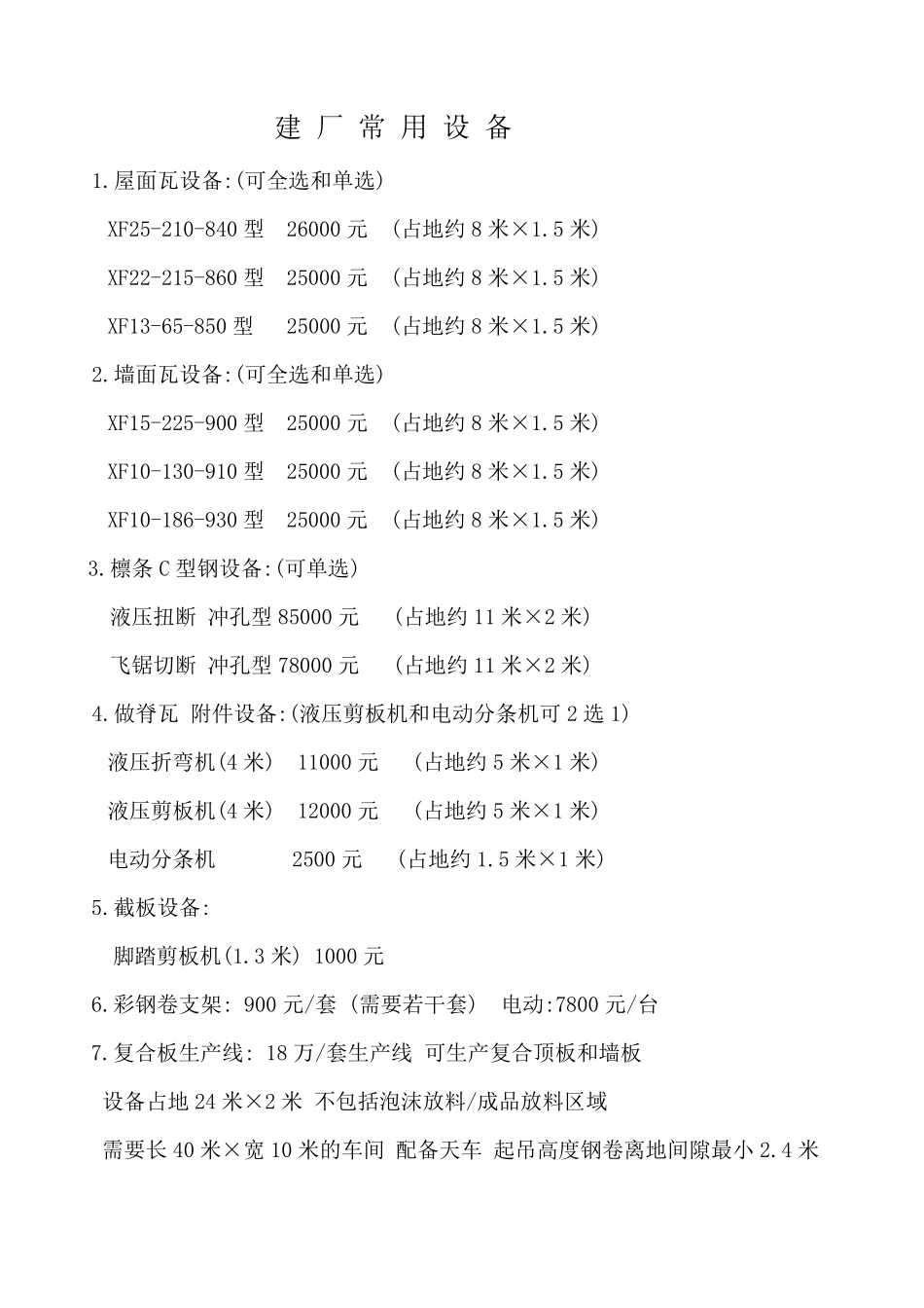 彩钢瓦建厂设备清单及报价_第1页