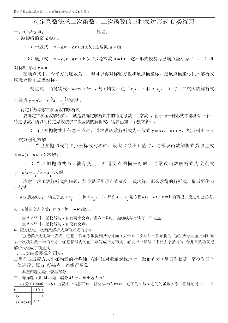 待定系数法求二次函数,二次函数的三种表达形式C类练习_第1页