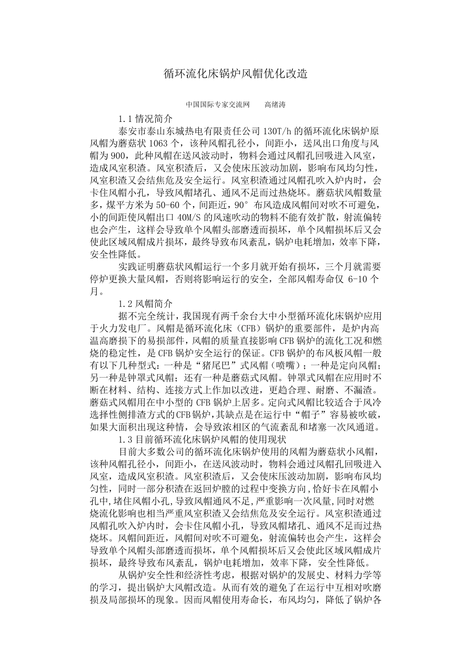 循环流化床锅炉风帽优化改造_第1页