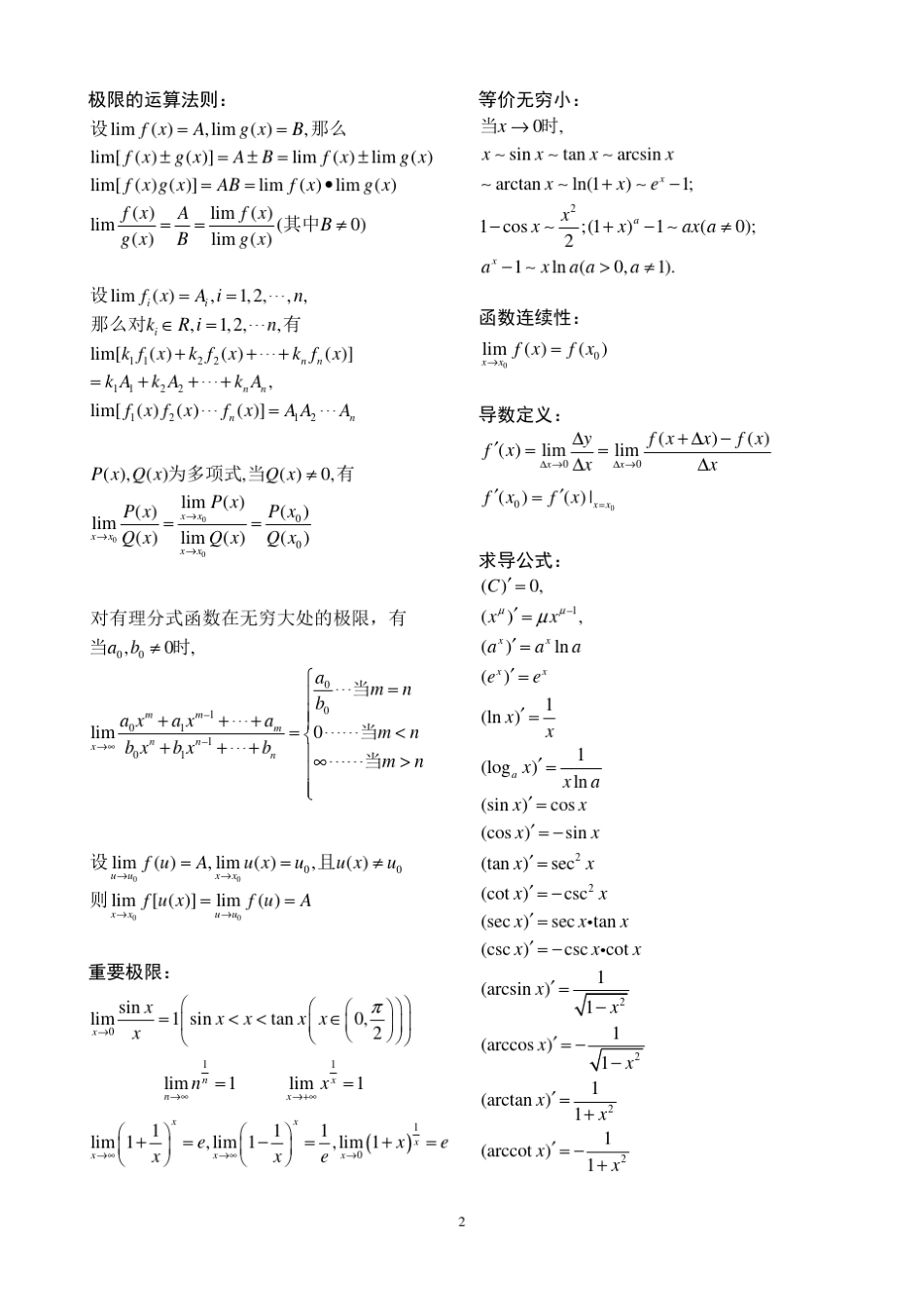 微积分常用公式及运算法则(上)_第2页