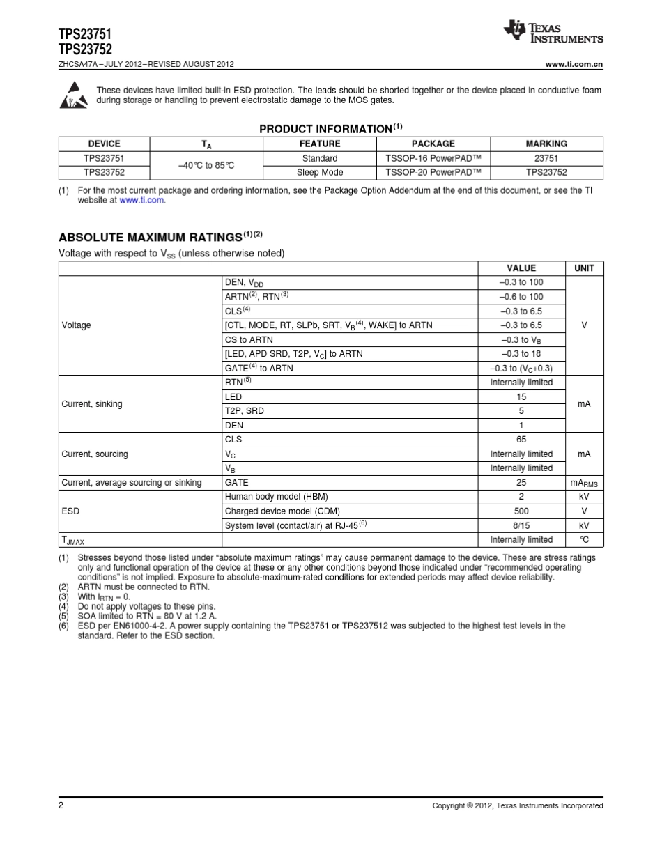 德州仪器POE芯片TPS23751具有宽范围高效直流到直流(DCDC)控制器的以太网供电(PoE)接口_第2页