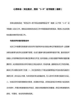 心得体会：突出重点,落实“1+X”证书制度
