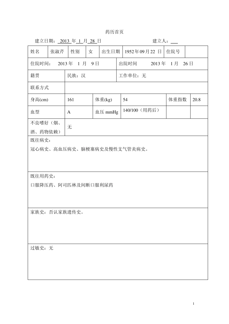 心血管内科冠心病、高血压药历_第1页