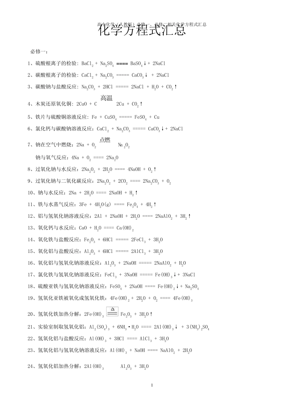必修一、必修二化学方程式汇总_第1页