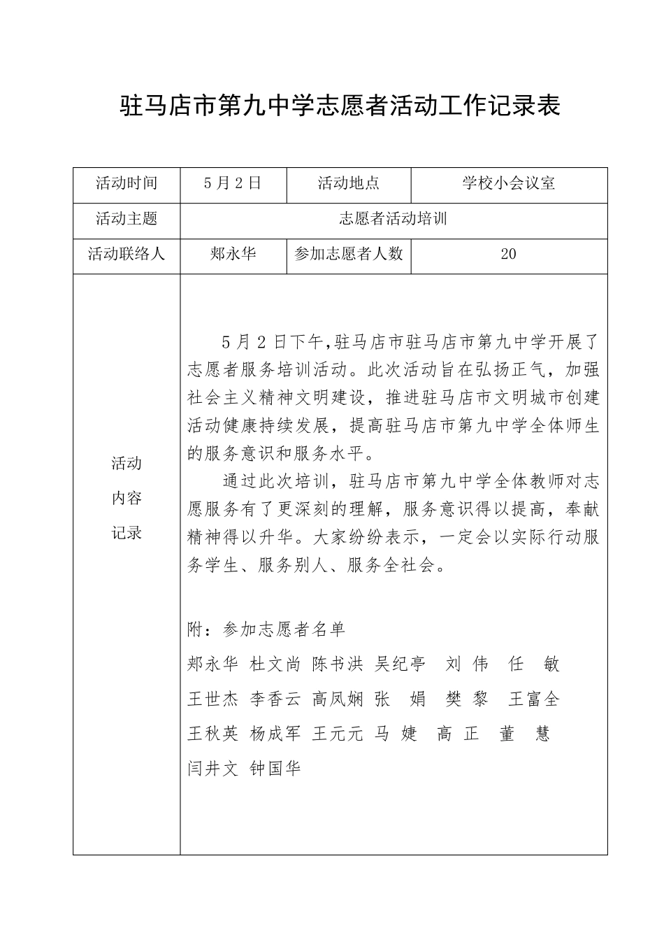 志愿者活动工作记录表_第2页