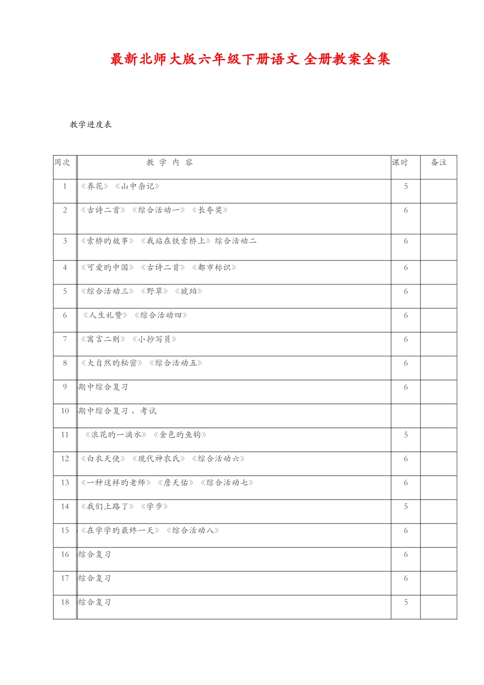 2025年北师大版六年级下册语文全册教案_第1页
