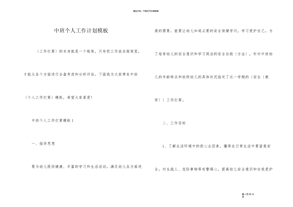 中班个人工作计划模板_第1页