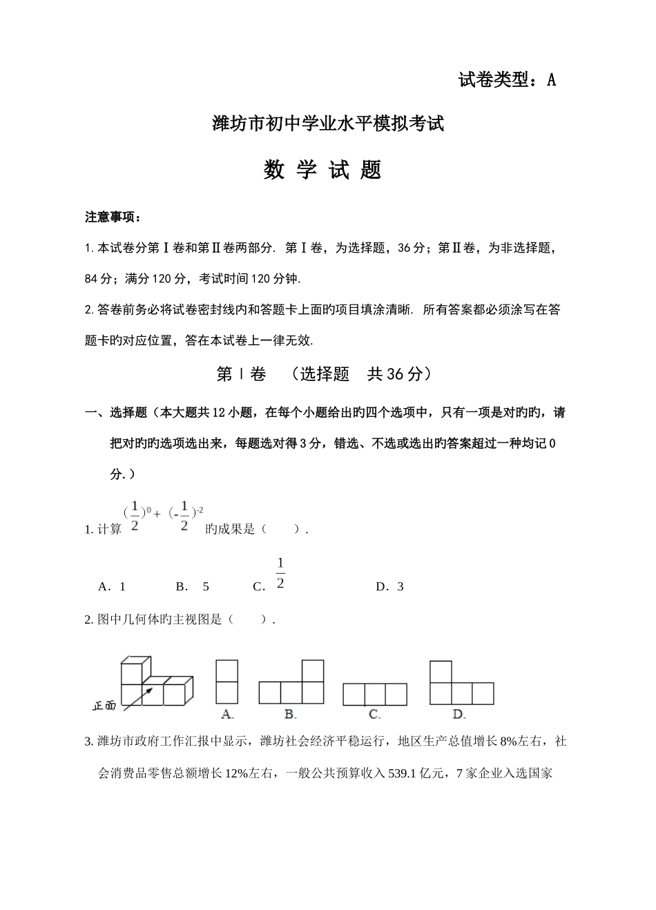 2025年潍坊市学业水平测试模拟试题含答案_第1页