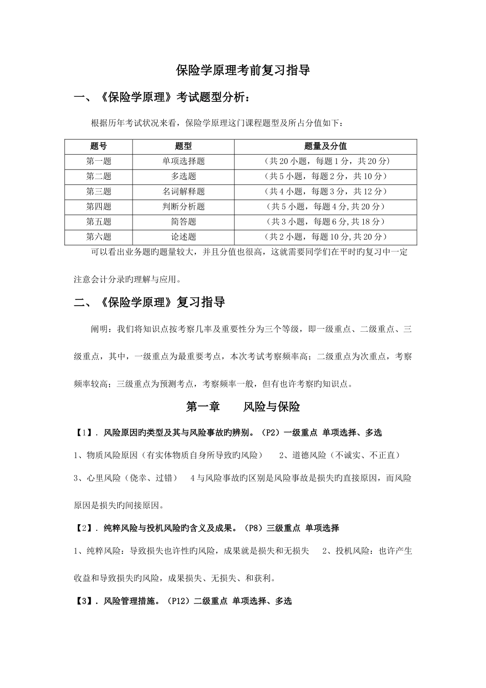 2025年自考保险学原理考前复习指导考前划重点及详细资料_第1页