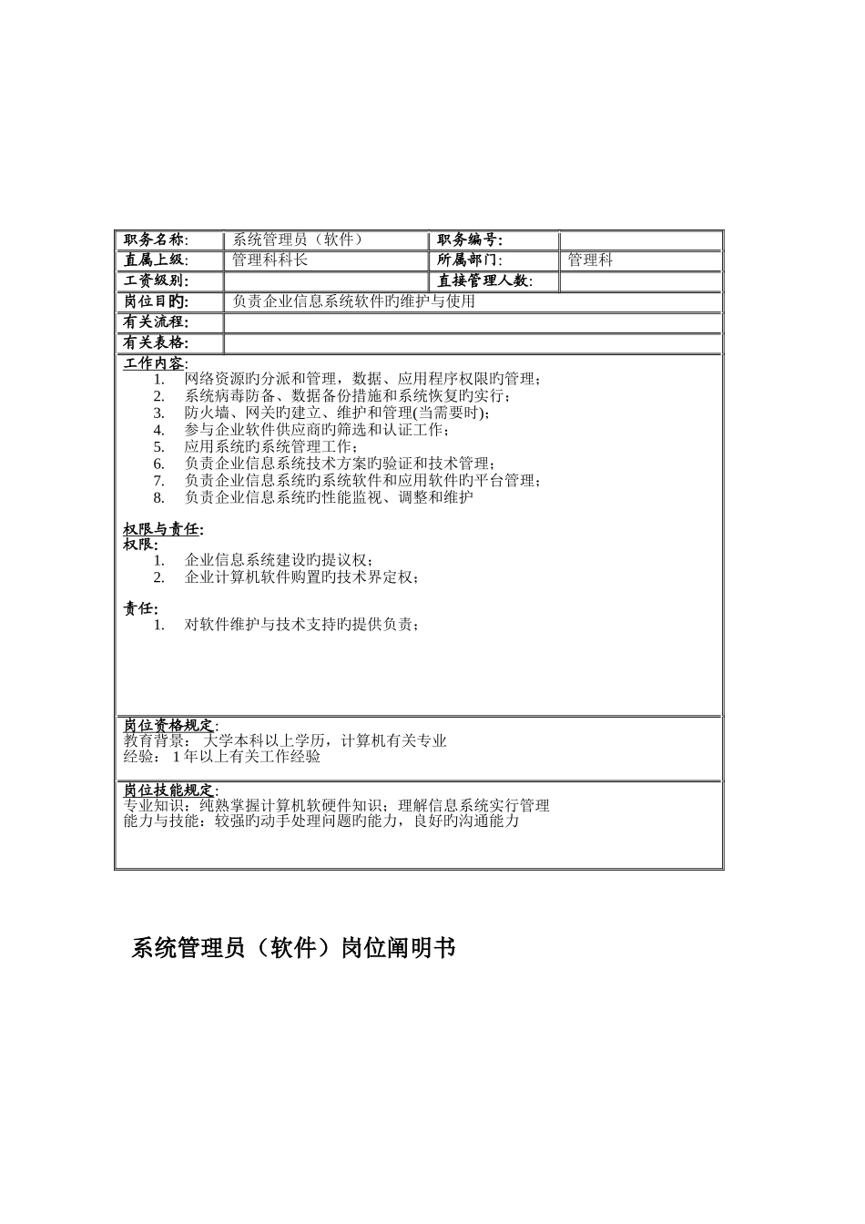 2025年联信光电子公司管理科系统管理员软件岗位说明书_第1页
