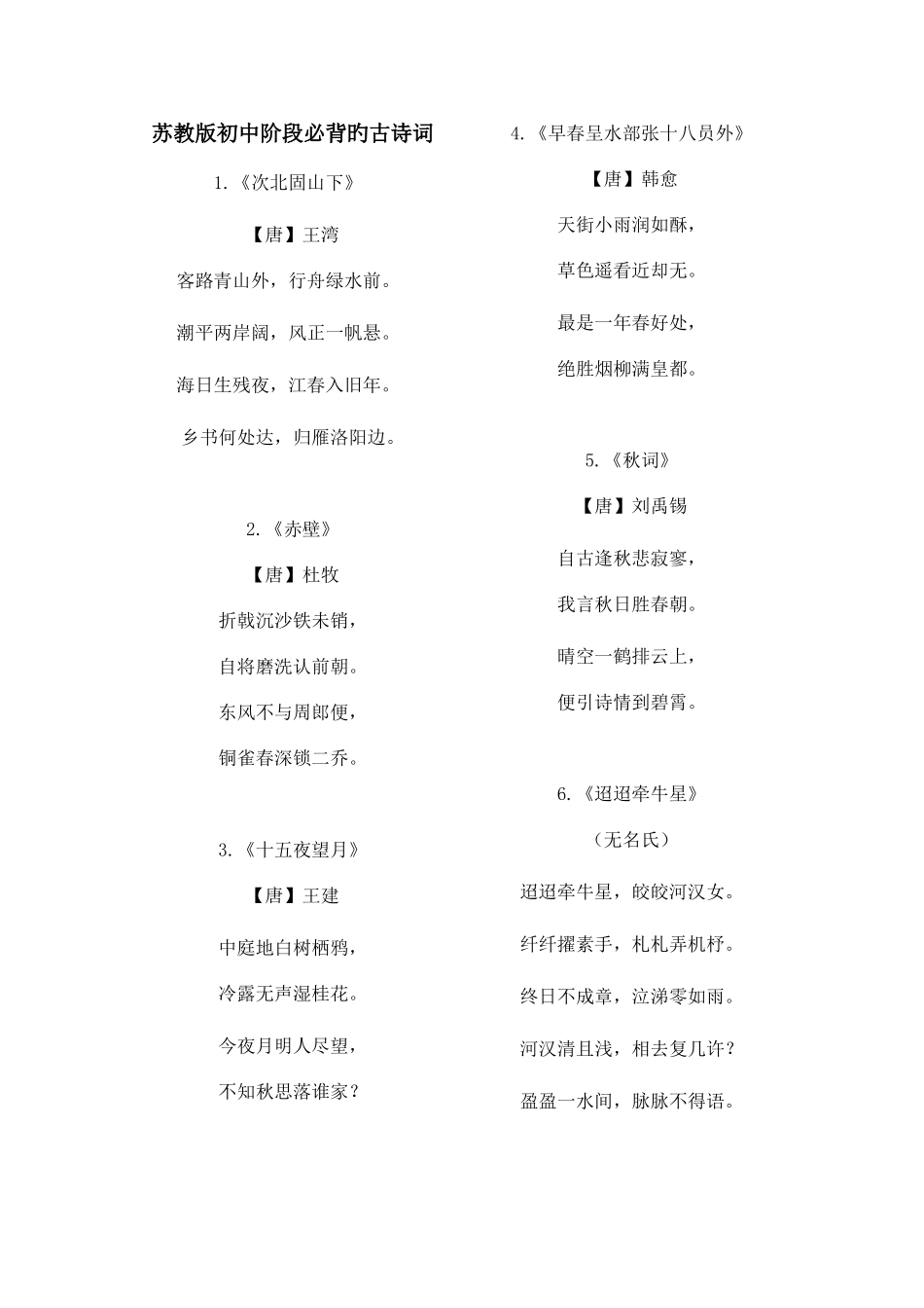 2025年苏教版初中阶段必背的古诗词_第1页