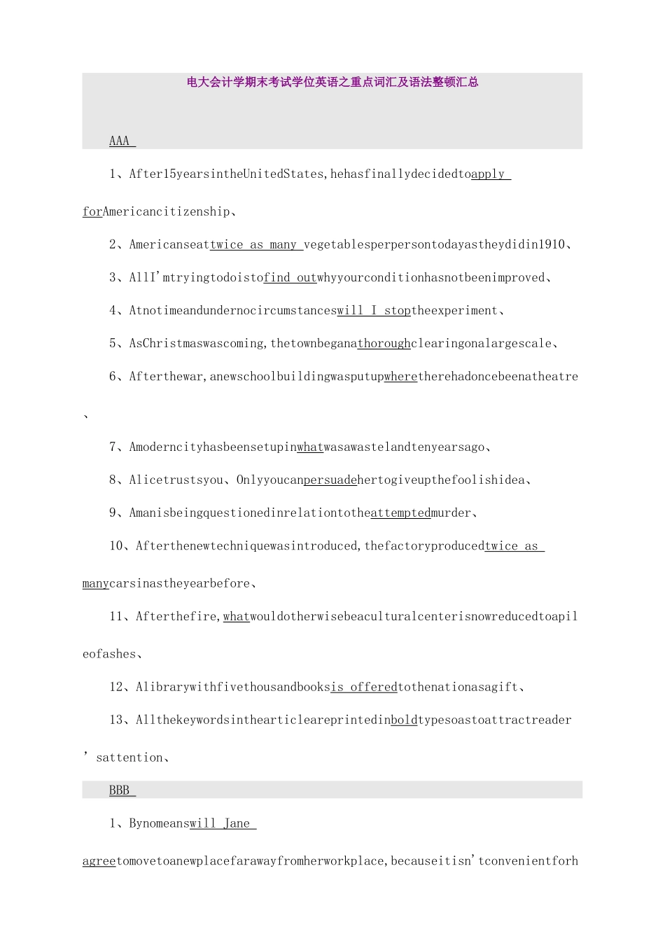 2025年电大会计学期末考试学位英语之重点词汇及语法整理汇总_第1页