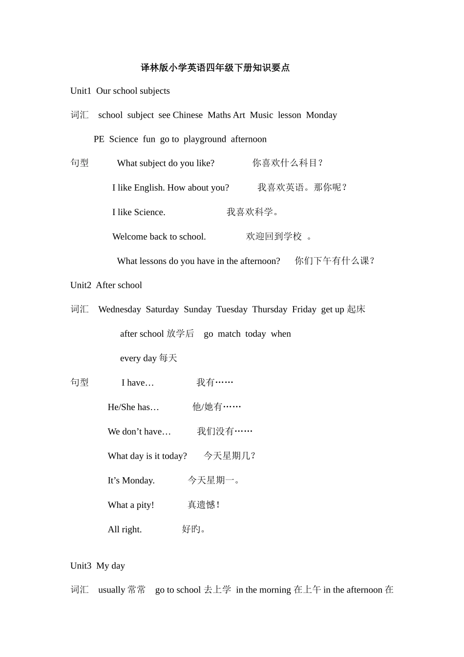 2025年译林英语四年级下知识点及语法汇总_第1页