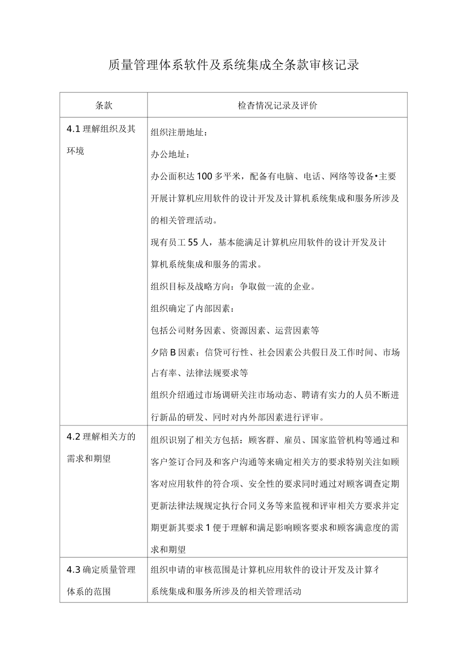 质量管理体系软件及系统集成全条款审核记录_第1页