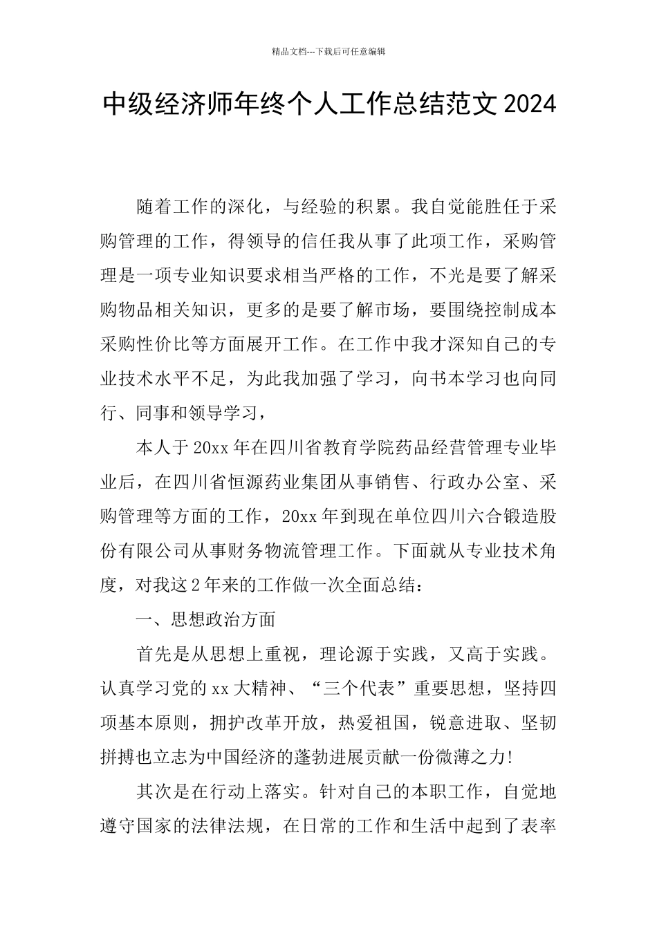中级经济师年终个人工作总结范文2024_第1页