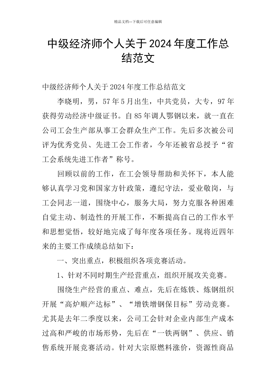 中级经济师个人关于2024年度工作总结范文_第1页