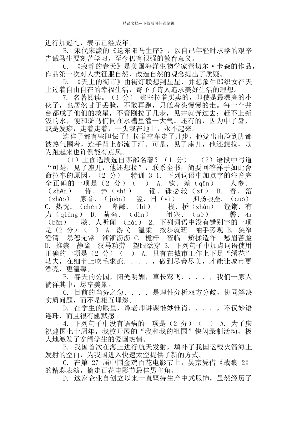 中考语文知识积累题组特训29套_第3页