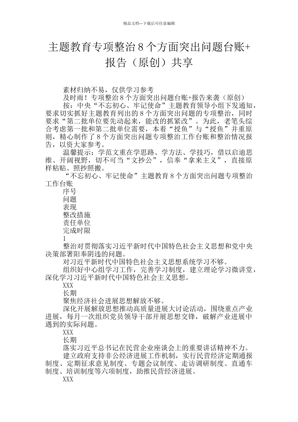 主题教育专项整治8个方面突出问题台账+报告共享_第1页