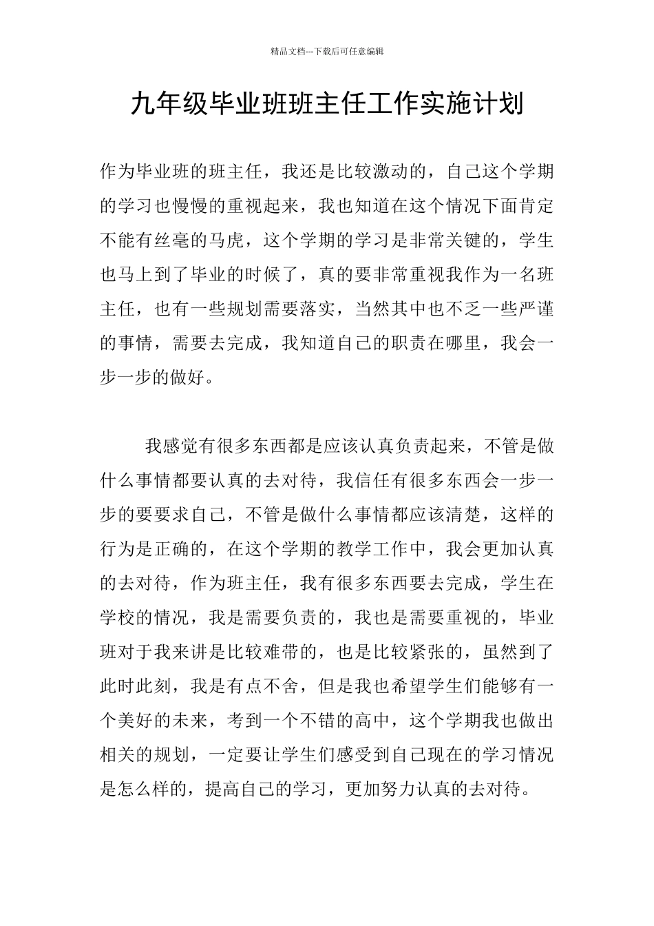 九年级毕业班班主任工作实施计划_第1页