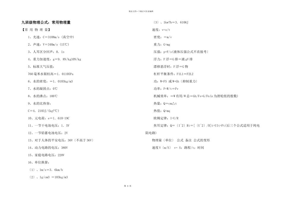 九年级物理公式：常用物理量_第1页