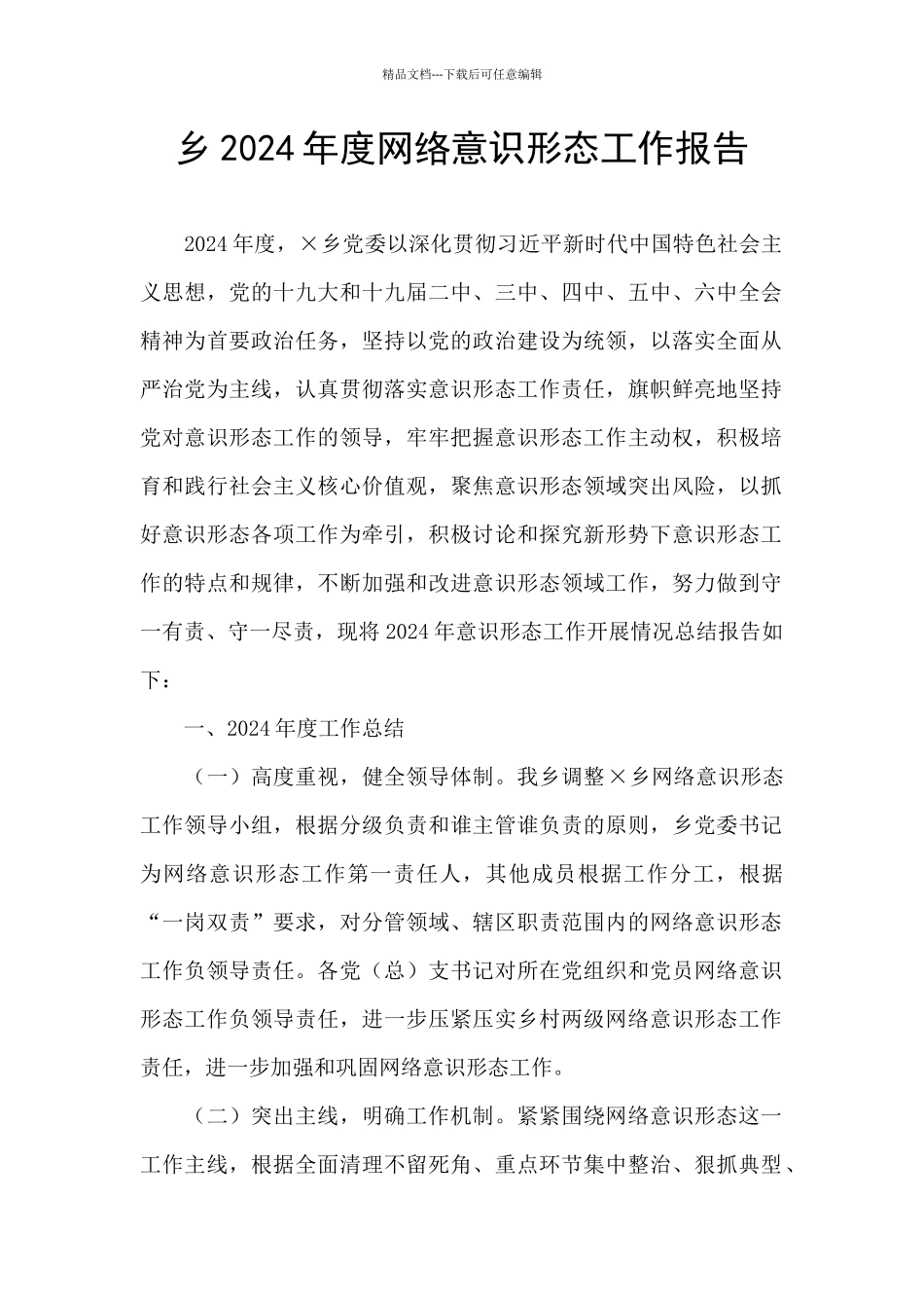 乡2024年度网络意识形态工作报告_第1页