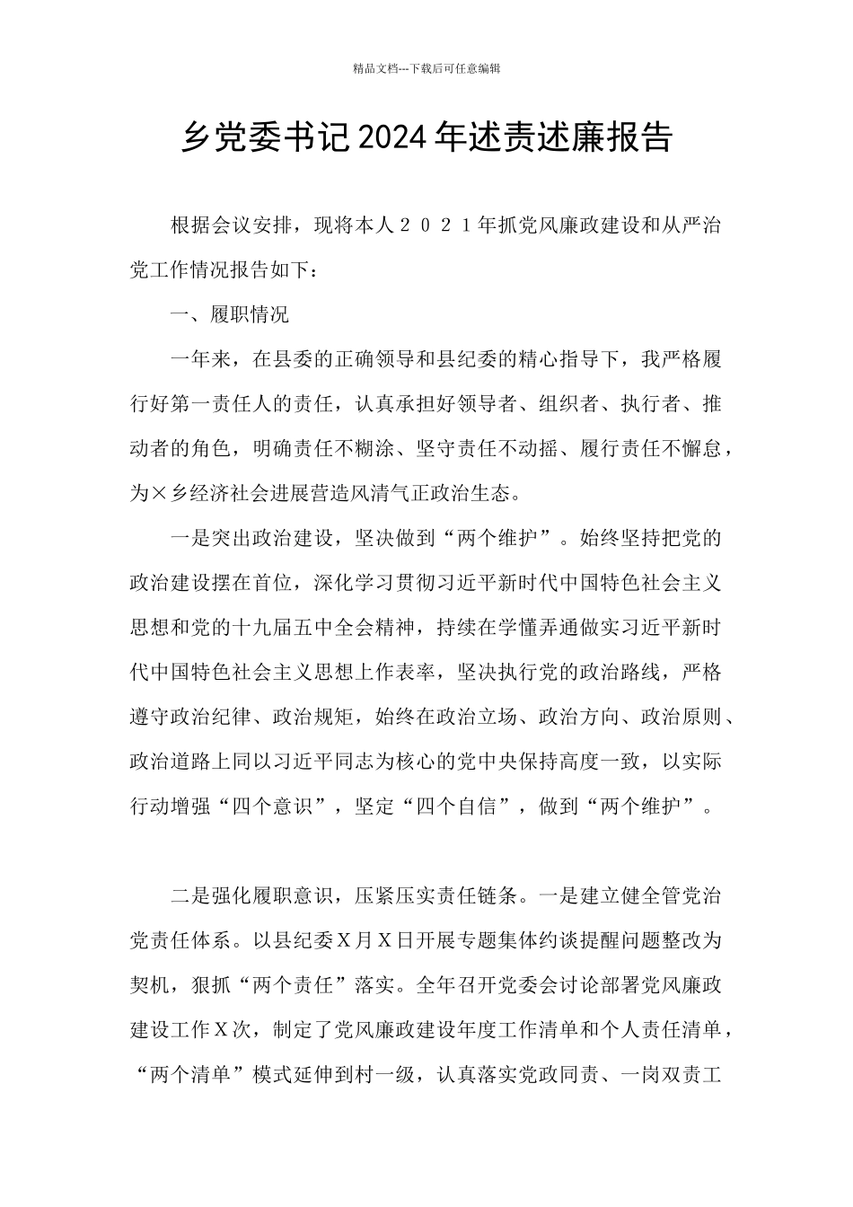 乡党委书记2024年述责述廉报告_第1页