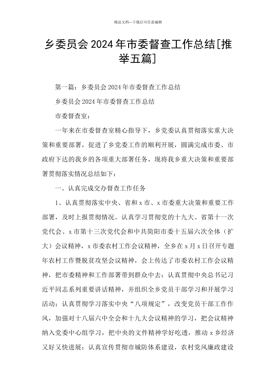 乡委员会2024年市委督查工作总结[推荐五篇]_第1页