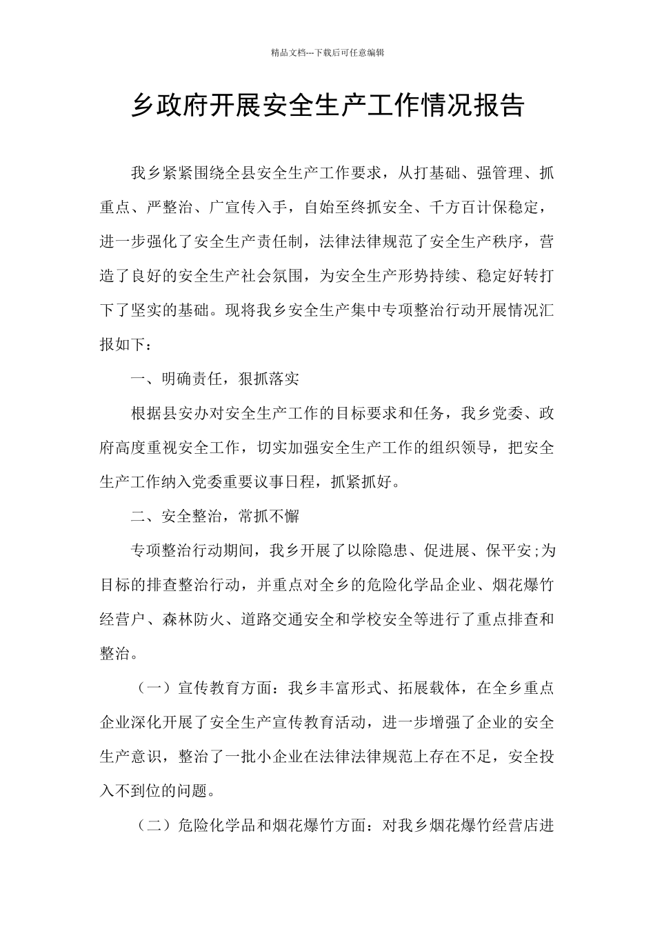 乡政府开展安全生产工作情况报告_第1页